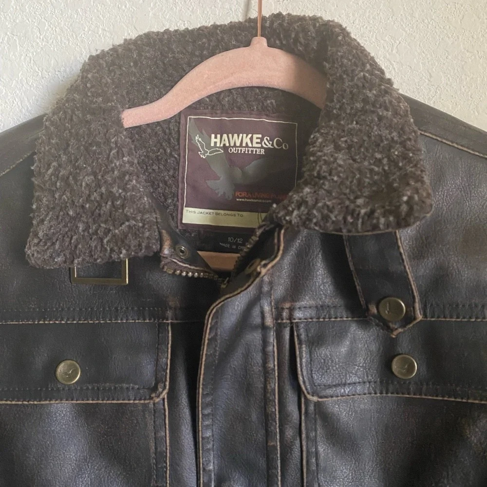 Hawke & Co Boys Brown Faux Leather Sherpa Collar Bomber Biker Moto Jacket 10/12